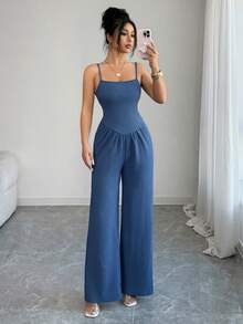 Elenzga Bộ áo liền quần không tay màu trơn dáng rộng dành cho nữ, thích hợp cho mùa hè. - Màu xanh hải quân - Xem 7