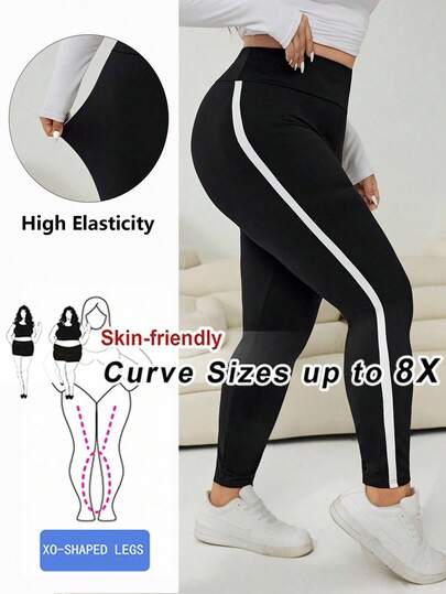 SHEIN CURVE+ Plus Size Women Contrast Color Casual Leggings, Black & White Striped Leggings, Plus Size Sports Leggings, Plus Size Leggings, Plus Size Yoga Pants, Plus Size Sportswear, Plus Size Leggings, Plus Size Women Sports Suit