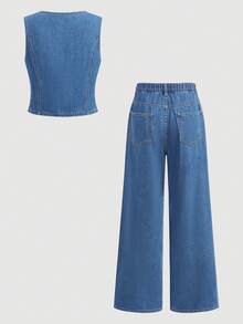 2 Peças Conjunto de Roupas Streetwear Versátil de Design Vintage Y2k Legal e Confortável para Meninas Adolescentes, Jaqueta Denim Curta Solta e Confortável e Calça Denim Plissada Confortável, Roupas Diárias e Roupas de Primavera a Verão para Meninas Adolescentes e Crianças, Roupas de Streetwear para Festivais e Raves - Azul - Visão 5