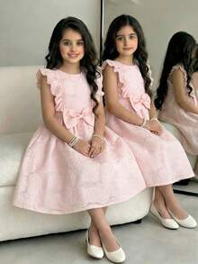 年轻女孩夏季优雅派对宴会提花蕾丝蝴蝶结装饰收腰A字连衣裙 - 粉色 - 查看 1