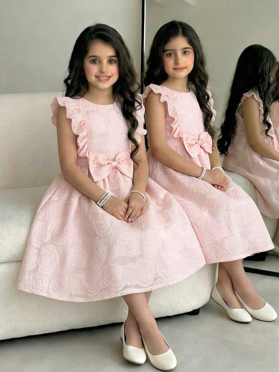 年轻女孩夏季优雅派对宴会提花蕾丝蝴蝶结装饰收腰A字连衣裙 - 粉色 - 查看 1