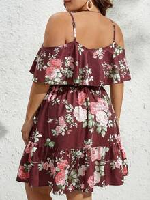 SHEIN VCAY Đầm dự tiệc/hẹn hò thời trang trễ vai xếp nếp in hoa dành cho nữ cỡ lớn - Màu Đỏ Sâu - Xem 2