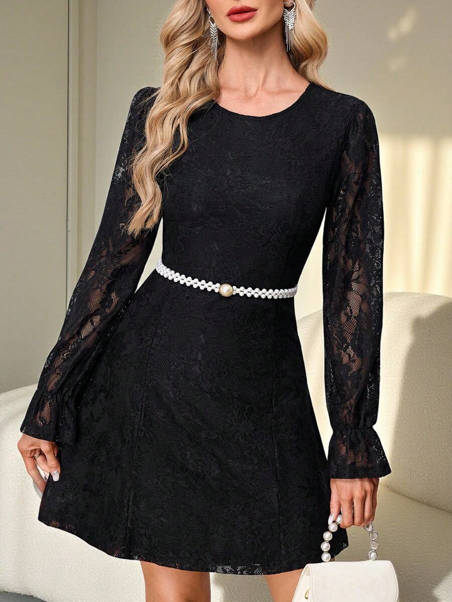 SHEIN Clasi 女士优雅蕾丝荷叶边袖收腰短款派对连衣裙，适合春季、夏季、秋季、情人节穿着。 - 黑色 - 查看 1