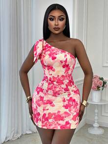 Xyvia 女士多色印花数码印花不对称领口连衣裙，饰有大蝴蝶结，收腰设计，性感百搭，适合生日礼物、约会、派对、情人节、劳动节、单身派对、旅行、花园婚礼等场合，春夏新款时尚单品，无袖迷你连衣裙 - 彩色 - 查看 5