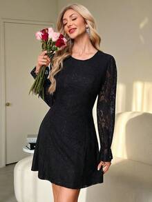 SHEIN Clasi 女士优雅蕾丝荷叶边袖收腰短款派对连衣裙，适合春季、夏季、秋季、情人节穿着。 - 黑色 - 查看 7