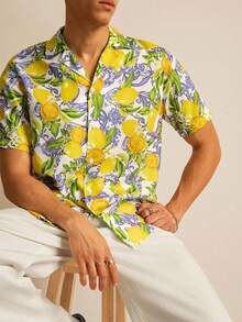 SWAVVY Vacation Style Digital Print Lapel Short Sleeve Button-Up Shirt For Men - Yellow - View 3