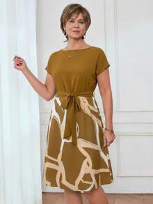 Miaspire 女士休闲通勤印花拼接连衣裙，夏季 - 黃色 - 查看 5