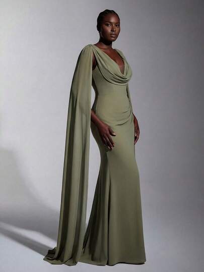 Elitara Plus Size Elegant Dark Gray-Green Chiffon Draped Neck Shoulder Luxury Rhinestone Decor Fish Tail Maxi Dress, Suitable For Dates, Vacations, Singles Parties, Weddings, Bridesmaid Events, Formal Occasions Olive Green Formal Dress Women Sage Green Bridesmaid Dress Gala Evening Gown