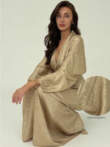 Aloruh Women's Champagne Gold Deep V-Neck Elegant Long Sleeve Gold Foil Dress,Autumn Dining Party Evening Wedding Guest Dresses,Chic Date Outfit - Gold - View 2