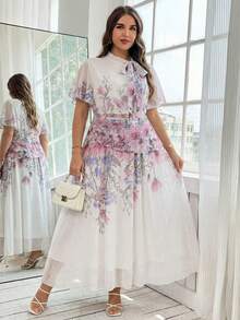 Breezaya 大码印花雪纺系领连衣裙 - 白色 - 查看 4