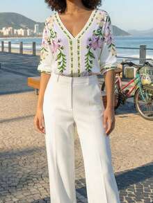 CAJUNI 女士印花V领无袖露背系带连体衣，时尚度假之选 - 米色 - 查看 5