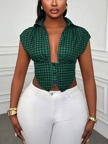 Xyvia 女士春夏新款复古休闲格子V领纽扣短款短袖衬衫，百搭日常穿着 - 綠色 - 查看 4