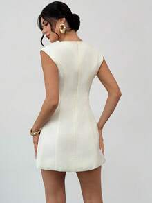 Firerie Elegant Minimalist Refined Dignified Fashion Cocktail Party Valentine's Day Date Wedding Guest Holiday Birthday Gathering Deep V-Neck Cap Sleeve Cinched Waist A-Line Umbrella Skirt White Mini Dress - White - View 6