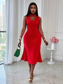 Xyvia 女士红色纯色高领镂空V领无袖修身鱼尾连衣裙，优雅性感，适合生日、约会、派对、情人节、劳动节、复活节、正式场合、婚礼、花园写真、街头风等各种场合，春夏新款时尚必备单品。 - 紅色 - 查看 1