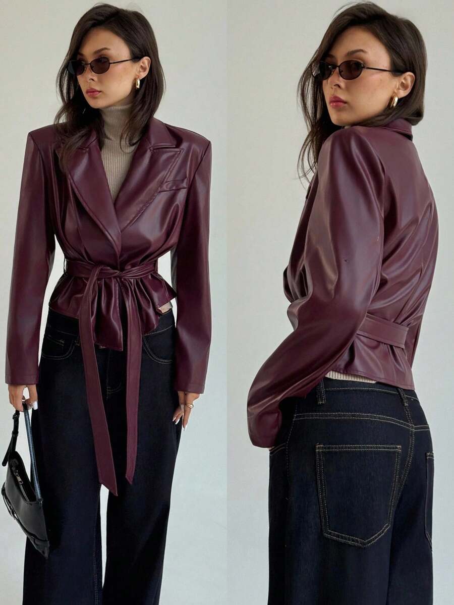 Aloruh 女式纯色长袖翻领PU皮革时尚西装外套