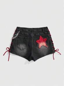 ROMWE J-Fashion Quần short denim nữ cỡ lớn mùa hè kiểu dáng thường ngày, thêu chữ, trang trí dây xích, buộc chéo. - Xám - Xem 2