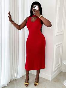 Xyvia 女士红色纯色高领镂空V领无袖修身鱼尾连衣裙，优雅性感，适合生日、约会、派对、情人节、劳动节、复活节、正式场合、婚礼、花园写真、街头风等各种场合，春夏新款时尚必备单品。 - 紅色 - 查看 4