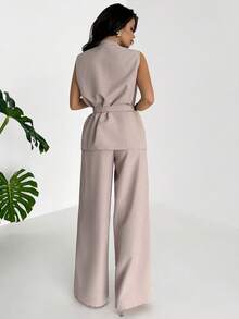 Firerie 女士优雅简约时尚通勤都市休闲日常V领腰带无袖背心和高腰阔腿裤米色卡其色两件套 - 杏色 - 查看 4