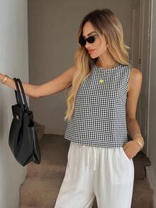 Easowa 休闲女士条纹无袖露脐上衣，后开衩，复古风格 - 黑與白 - 查看 4