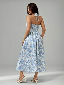 SHEIN PETITE Women's Romantic Floral Print Halter Mid-Length Dress - Blue and White - View 2