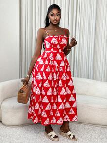 Xyvia 女士红白数码几何印花吊带束腰喇叭连衣裙，休闲度假风，活力四射，适合狂欢节、劳动节、复活节、返校派对、海滩度假、旅行、夏季街头风等场合。春夏新款必备时尚小众设计，百搭吊带束腰喇叭连衣裙。 - 紅白色 - 查看 8