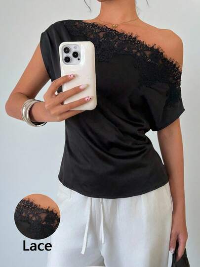 Firerie Women's New Asymmetric Neckline Ruched Satin Shoulder Blouse, Lace Trim Collar Shirt, Elegant Black Satin Top With An Asymmetrical Shoulder Neckline And Lace Trim. This Short-Sleeved, Asymmetrical Hem T-Shirt Features A Slimming And Flattering Silhouette, Making It A Stylish And Versatile Choice For Both Work And Casual Wear. Summer,Satin Oblique Shoulder Blouse, Daily Commute Women's Shirt, Spring Summer Clothing, Elegant, Commute, Date, Work Outfit, Vacation, Teacher's Day Outfit