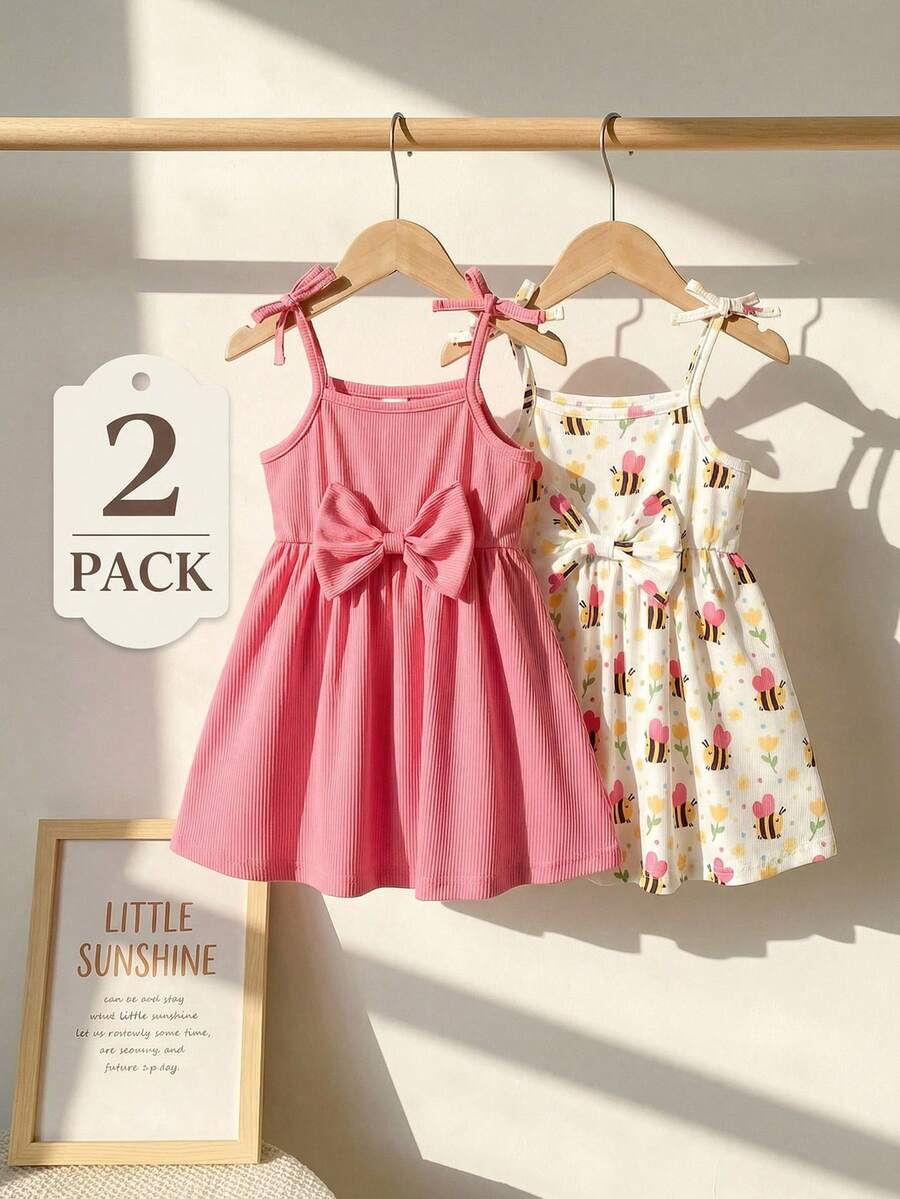 SHEIN 2件套女婴休闲百搭可爱卡通水彩兔子印花吊带裙，适合情人节、复活节、节日、生日拍照、户外活动、居家休闲、度假、春夏穿着。 - 彩色 - 查看 1