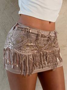 SHEIN Women's Sequin Tassel Design Fashionable Versatile Date Night/Outing Mini Skirt - Champagne - View 5