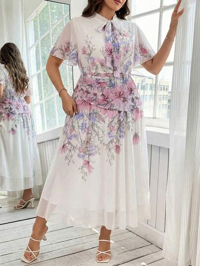 Breezaya Plus Size Floral Print Chiffon Tie Collar Dress