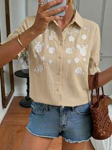 Easowa 女士休闲刺绣纯棉白衬衫，适合度假穿着 - 卡其色 - 查看 7