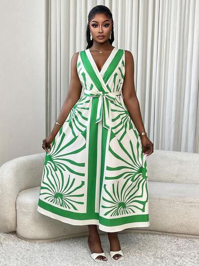 Xyvia Vacation Casual Colorblock Print Sleeveless Dress