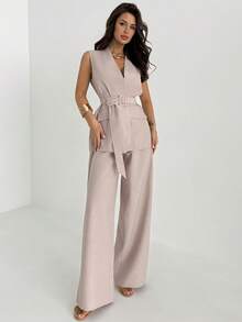 Firerie 女士优雅简约时尚通勤都市休闲日常V领腰带无袖背心和高腰阔腿裤米色卡其色两件套 - 杏色 - 查看 5