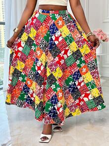 Xyvia Women's Red And Yellow Plaid Digital Print Flared Skirt,Summer Boho Beach Holiday Casual Loose Relaxed Travel Street Style Chic Carnival Labor Day - Multicolor - View 3