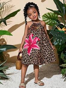 SHEIN 女童豹纹和花卉图案针织无袖休闲连衣裙 - 黑色 - 查看 2