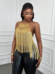 Xyvia 女士夏季外出、约会、新年、情人节、复活节、母亲节、音乐节、中东风情、婚礼、时尚、休闲、简约、度假、性感亮片针织露背系带流苏常规吊带背心，金色 - 金色 - 查看 4