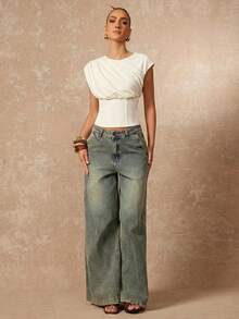 Lumalex 女士休闲圆领褶皱腰部短袖上衣 - 杏色 - 查看 3