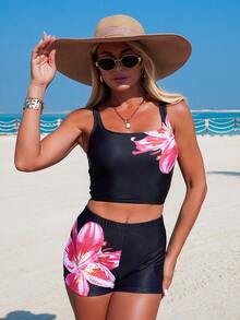 Swim Lushoire Women's Summer Beach Vacation Floral Print Tankini Swimsuit Set - Multicolor - View 8