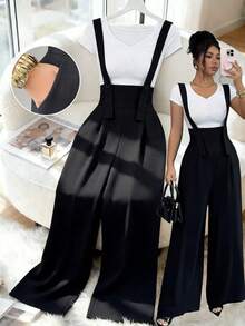 Elenzga New Arrival Black Herringbone Linen French Elegant Fashion Design High Cinched Waist Straight Wide Leg Loose Casual Everyday Versatile Jumpsuit For Women - Black - View 1