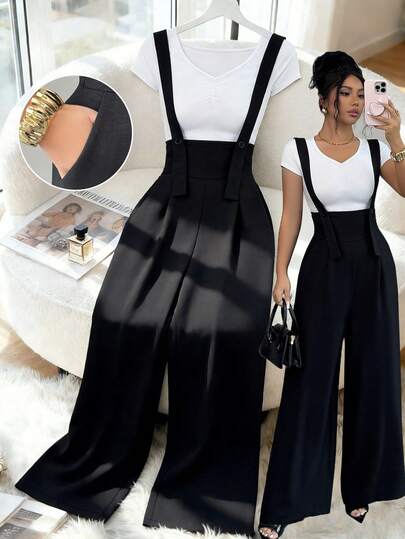 Elenzga New Arrival Black Herringbone Linen French Elegant Fashion Design High Cinched Waist Straight Wide Leg Loose Casual Everyday Versatile Jumpsuit For Women