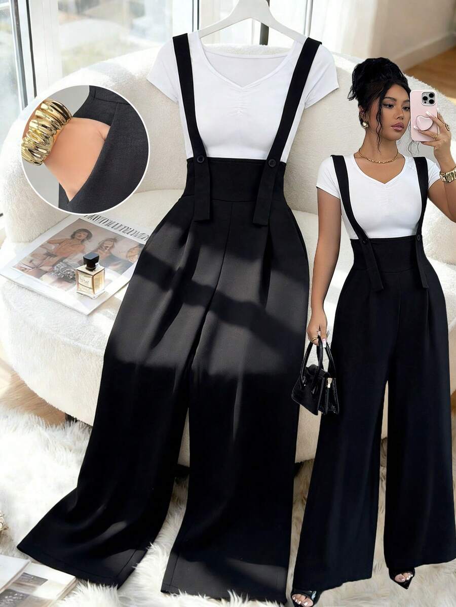 Elenzga New Arrival Black Herringbone Linen French Elegant Fashion Design High Cinched Waist Straight Wide Leg Loose Casual Everyday Versatile Jumpsuit For Women - Black - View 1