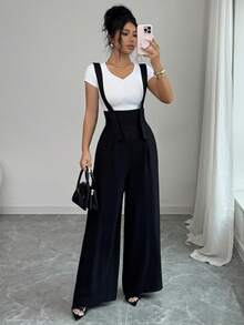 Elenzga New Arrival Black Herringbone Linen French Elegant Fashion Design High Cinched Waist Straight Wide Leg Loose Casual Everyday Versatile Jumpsuit For Women - Black - View 7