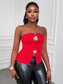 Xyvia Women's Fashionable Strapless Slit Top With Gold Metal Buckle, Waist-Cinching Fitted Silhouette, Elegant & Luxurious For Daily Wear, Dates, Gatherings, Outings, Sexy - Red - View 4