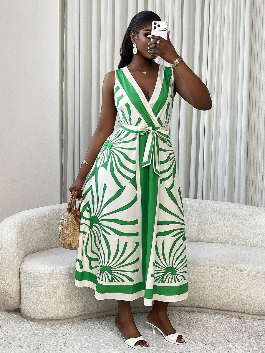 Xyvia Women's Spring/Summer New Woven Digital Printed White Base Green Flower V-Neck Sleeveless Elastic Waist Tie Bow Loose A-Line Dress, Elegant Casual Vacation Everyday Versatile Minimalist Long Dress - Green - View 1