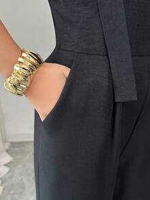 Elenzga New Arrival Black Herringbone Linen French Elegant Fashion Design High Cinched Waist Straight Wide Leg Loose Casual Everyday Versatile Jumpsuit For Women - Black - View 6