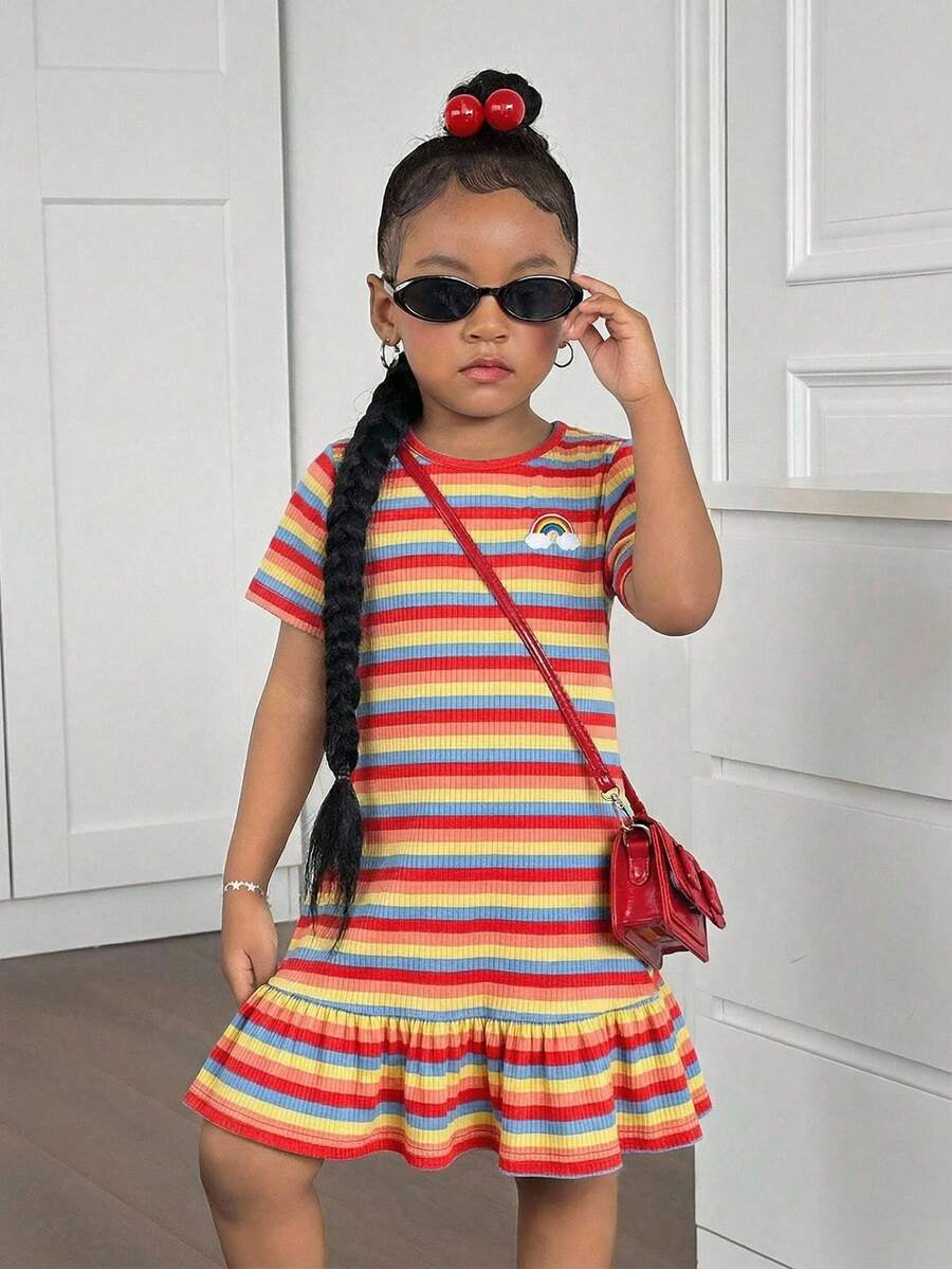 SHEIN Young Girl Casual Colorful Striped Ruffle Hem Dress, Summer - Red - View 1