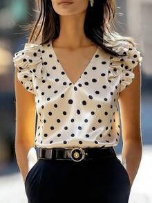 Ellegaria. Blusa elegante de mujer con escote en V y lunares, adecuada para cumpleaños, fiestas, bodas, San Valentín, citas, uso diario, con diseño de volantes en el bajo - Albaricoque - Ver 2