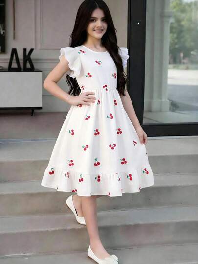 Young Girls Comfortable Beige Cap Sleeve Round Neck Cherry & Ditsy Floral Dress, Summer Fashion Outdoor Pastoral Style Cute Girl Outfit White Dress For Young Girl White Casual Midi Dress For Girl Girl Cherry Dress Cute Dress For Teens Midi Girl Dress Korean Cut Dress Cute For Teens White White Dresses For Women White Casual Full Length Dress For Young Girl