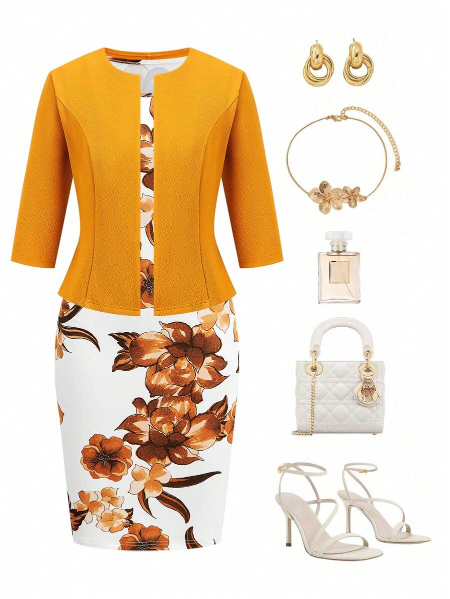 Ellevyn 黄色外套和印花无袖连衣裙通勤两件套，优雅日常穿搭 - 黃色 - 查看 1