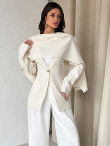 Firerie 女士优雅简约时尚通勤都市风新街头风日常百搭V领围巾金属扣长袖束腰白色西装外套 - 白色 - 查看 6