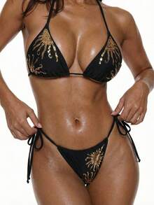 Swim Chiccia Conjunto de bikini de verano para mujer con lentejuelas y parches, con diseño de cuello halter y lazos, traje de baño sexy - Negro - Ver 4